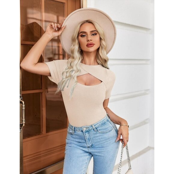 🆕 Women Tan Casual Basic Knit Summer Fashion Trendy Slim Fit Sweater T Shirt - Picture 4 of 6